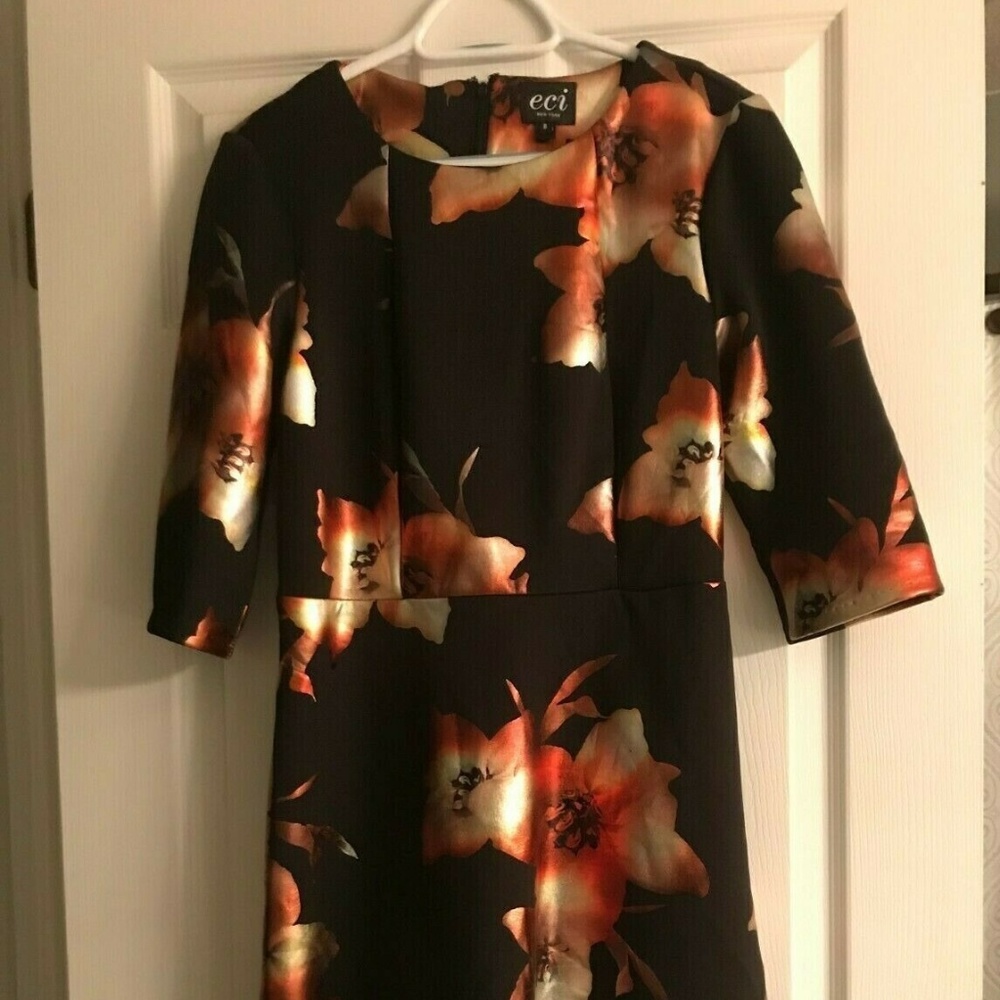 ECI black dress foil look gold flower accents